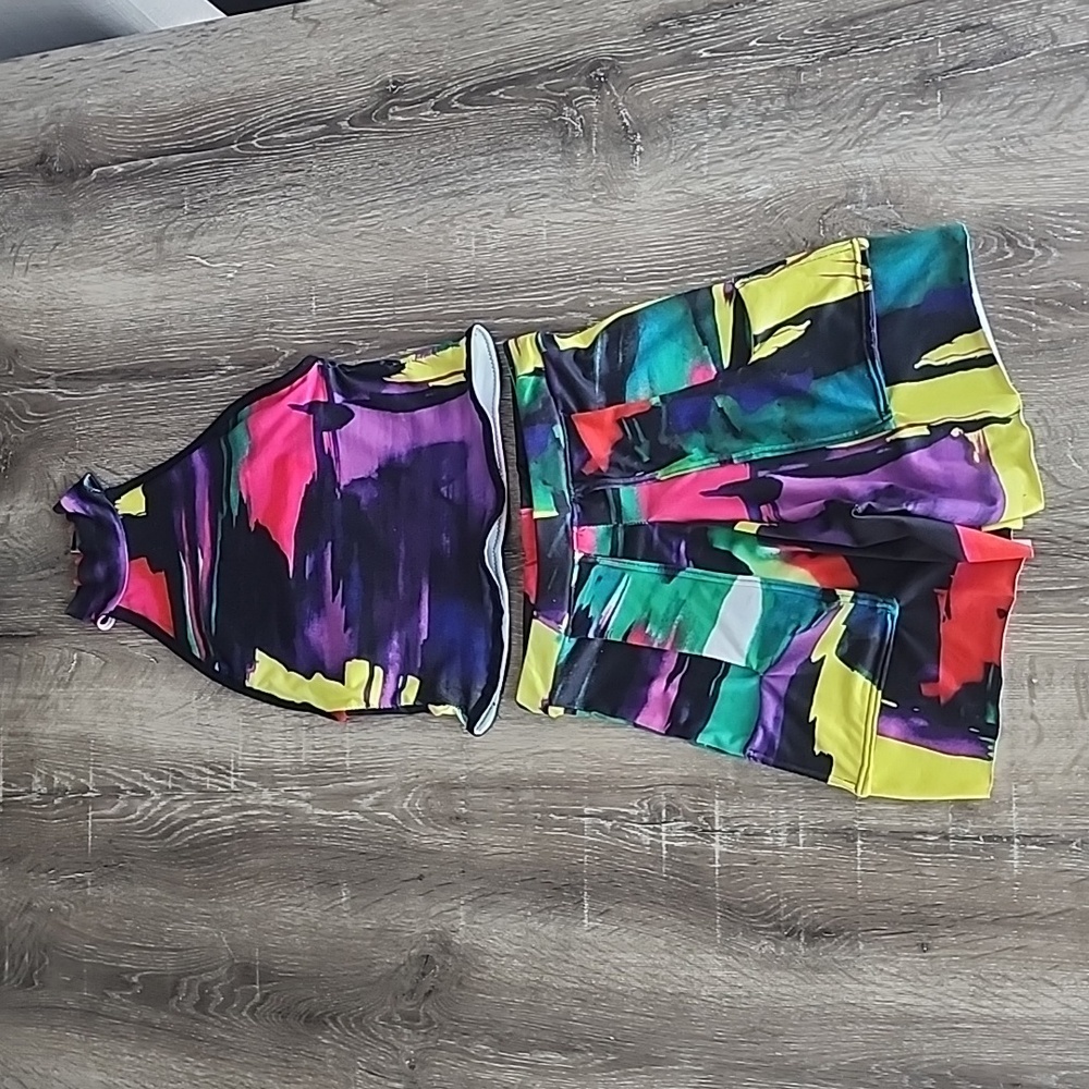 Upcycled DIY Abstract Print Two Piece Mock Neck Halter Top and Shorts Set